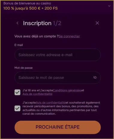Inscription sur BinnaryBet Casino